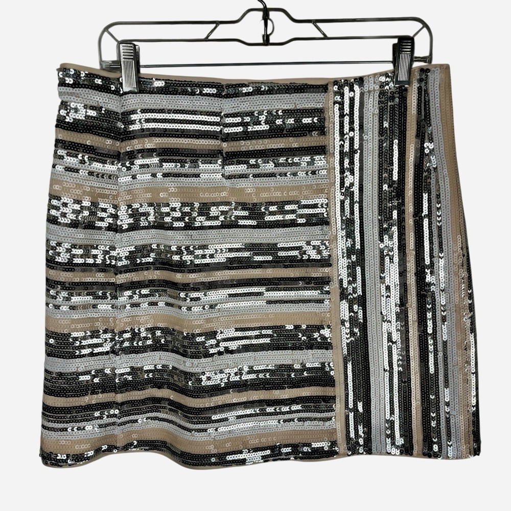 Lumiere‎ Sequins Striped Skirt Black White Silver Nude Back Zipper Size Large